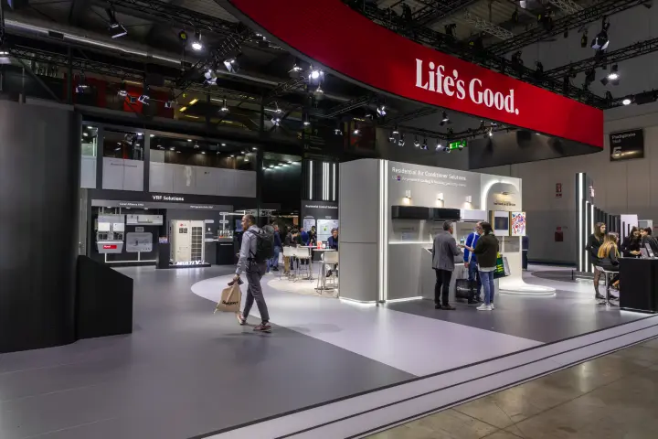 LG stand under a red "Life's Good." band with VRF and residential AC zones at MCE 2026