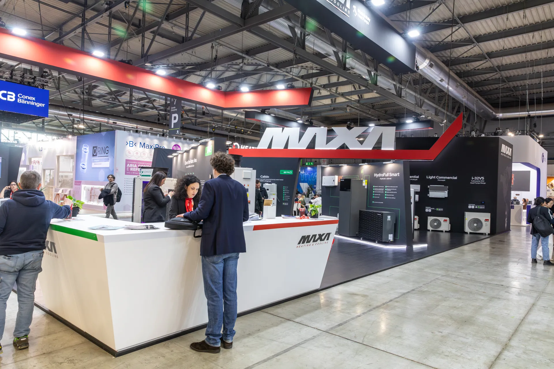 Maxa stand with long reception counter and heat pump product walls at MCE 2026