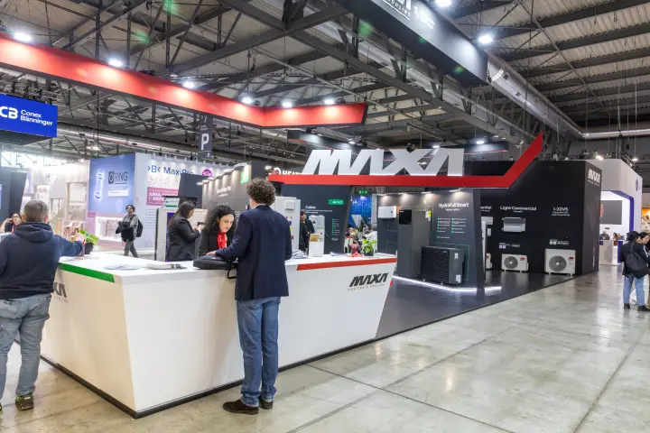 Maxa stand with long reception counter and heat pump product walls at MCE 2026