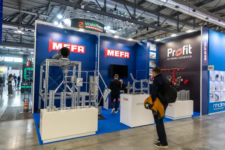 Mefa stand with pipe support systems and Profit piping solutions at MCE 2026