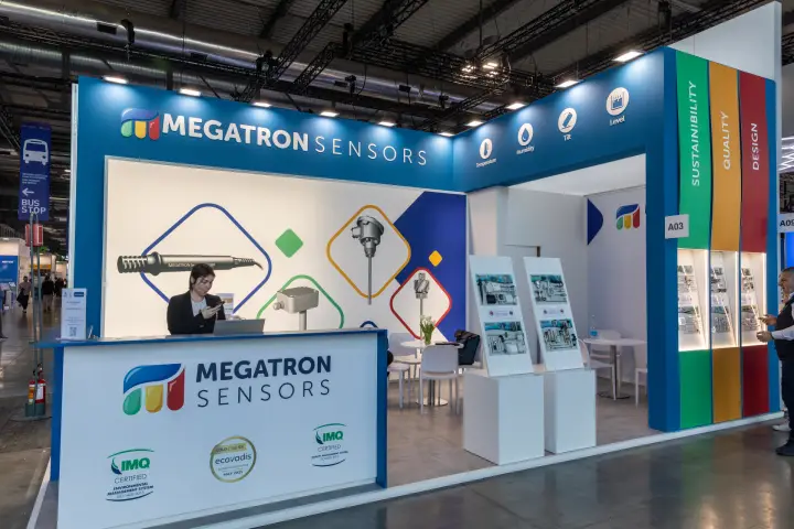 Megatron Sensors stand with temperature, humidity and level icons at MCE 2026