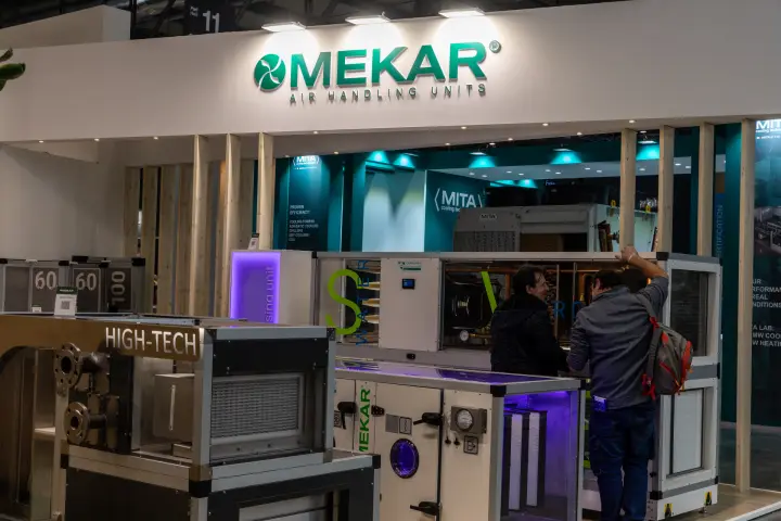 Mekar air handling units with open sections and violet-lit filters