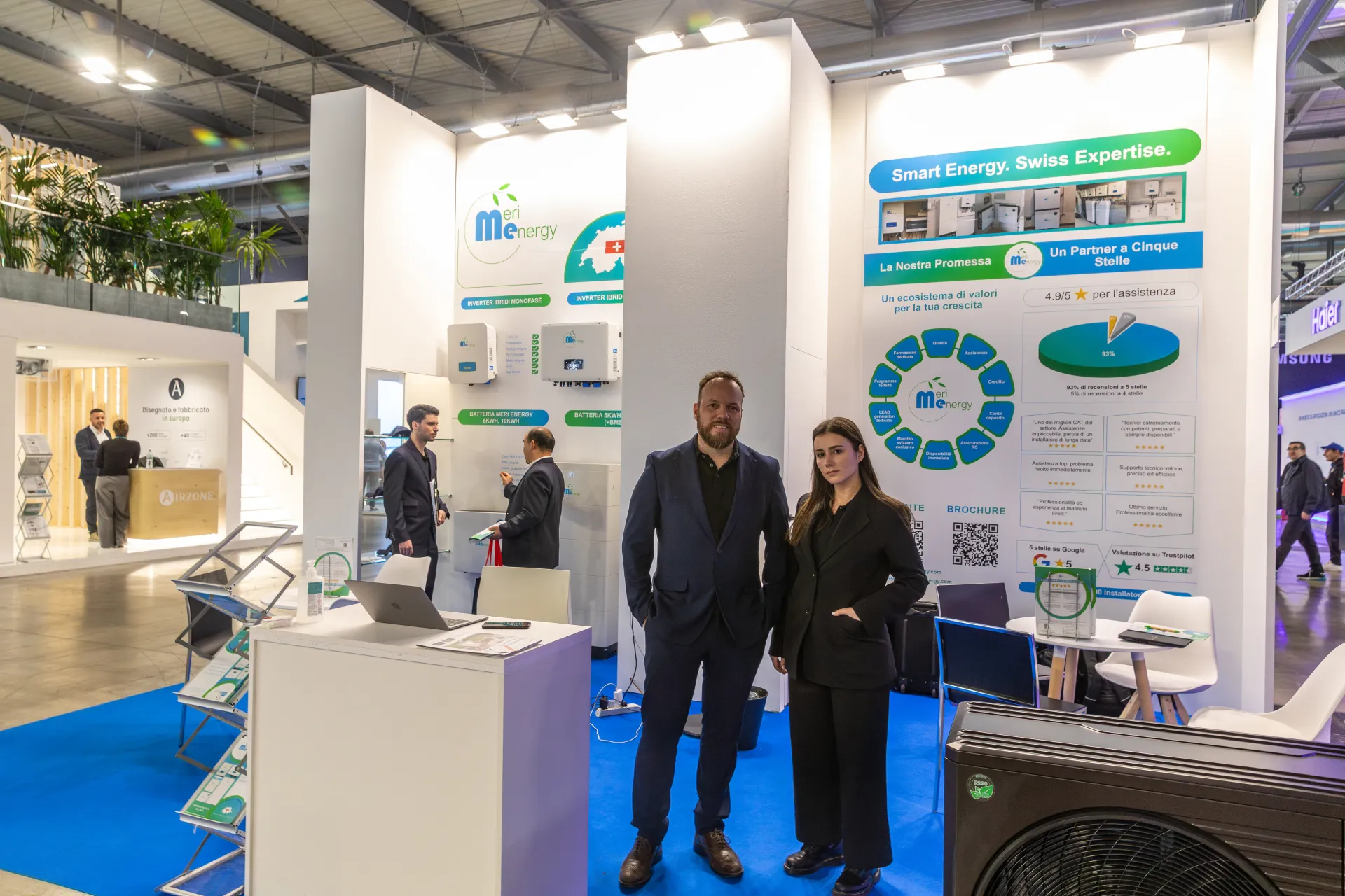 Meri Energy stand with hybrid inverters, batteries and a heat pump unit at MCE 2026