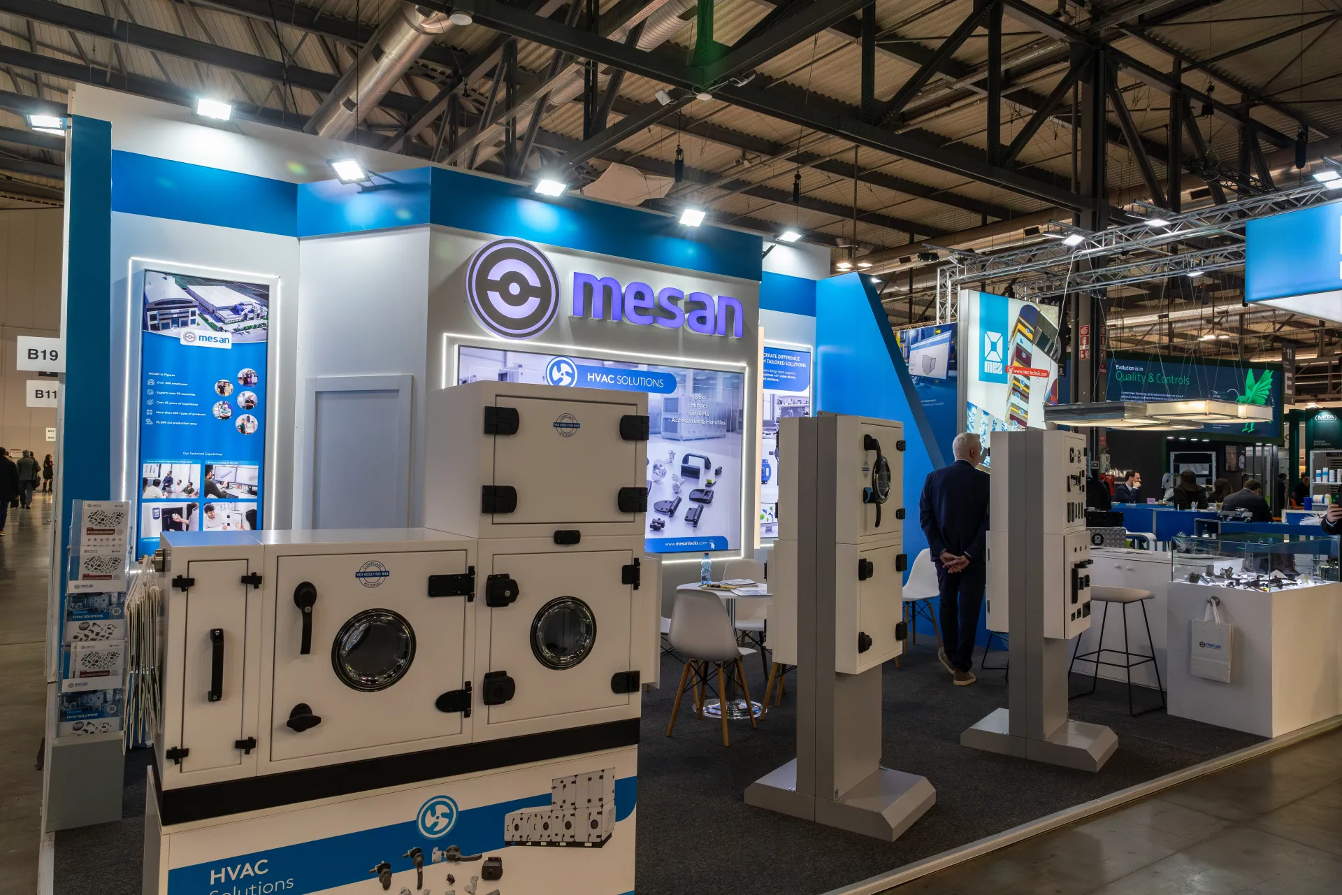 Mesan stand with AHU access doors, hinges and handles on display at MCE 2026