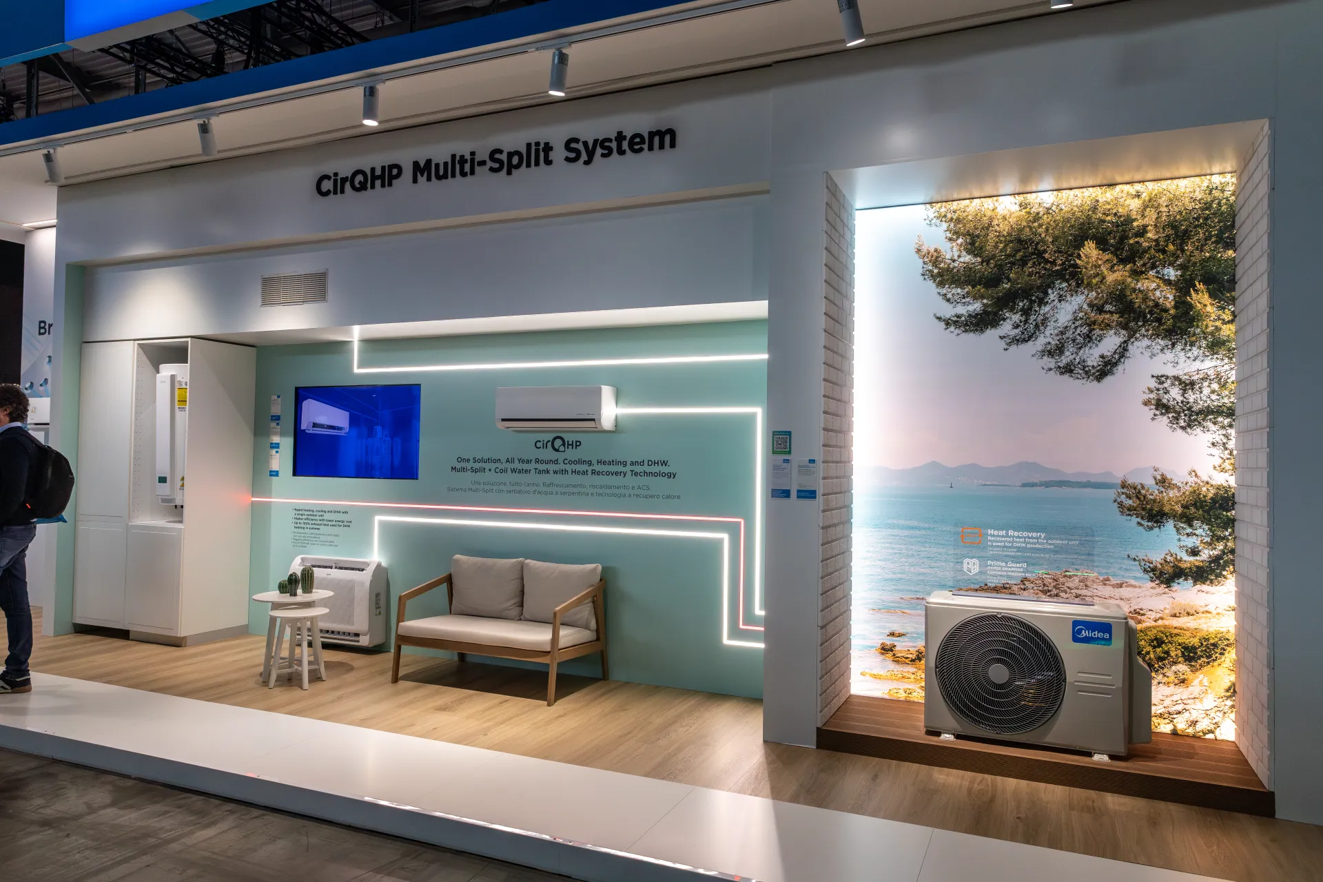 Midea CirQHP Multi-Split System room set with seaside backdrop at MCE 2026