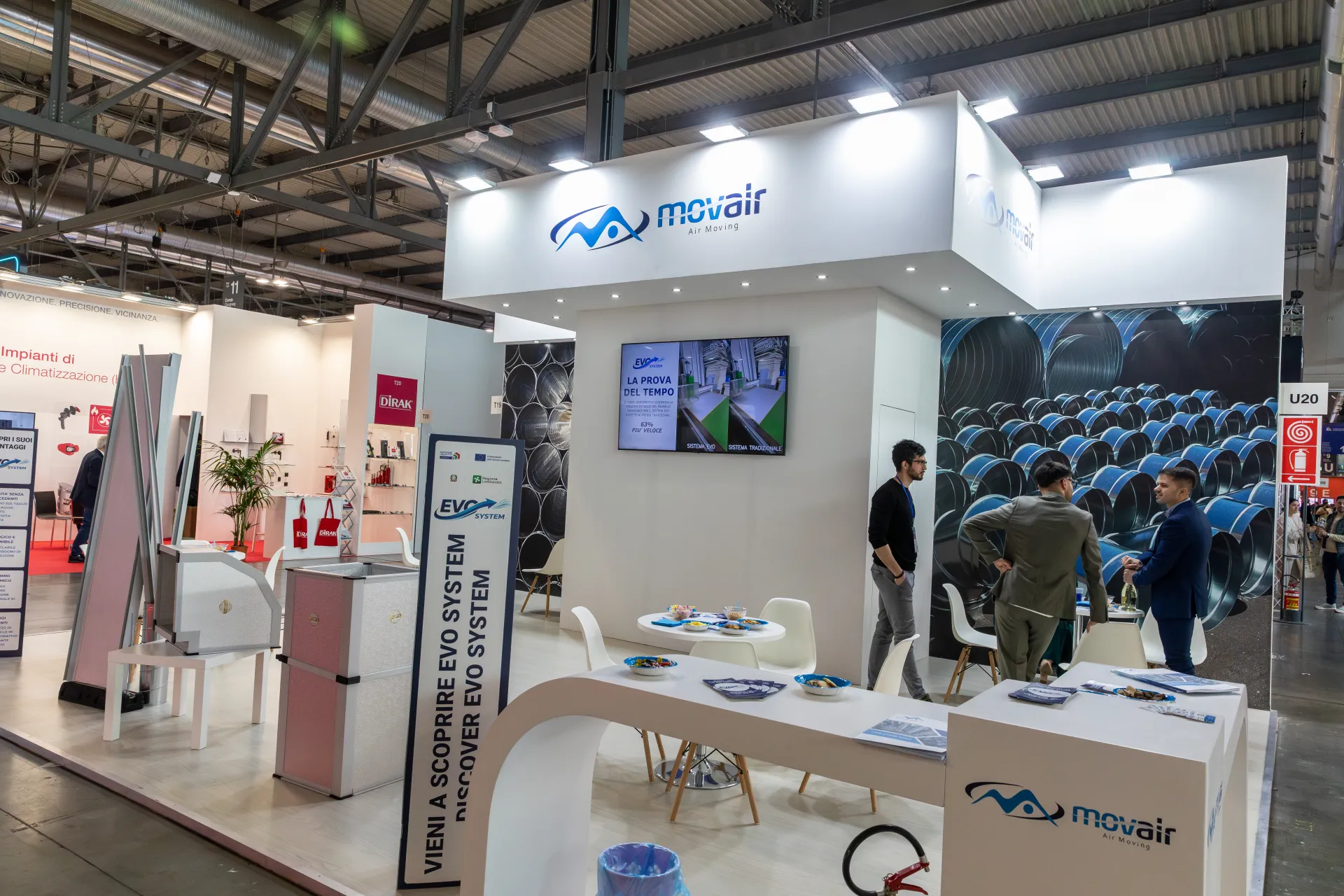 Movair stand with EVO System banner and spiral duct graphics at MCE 2026