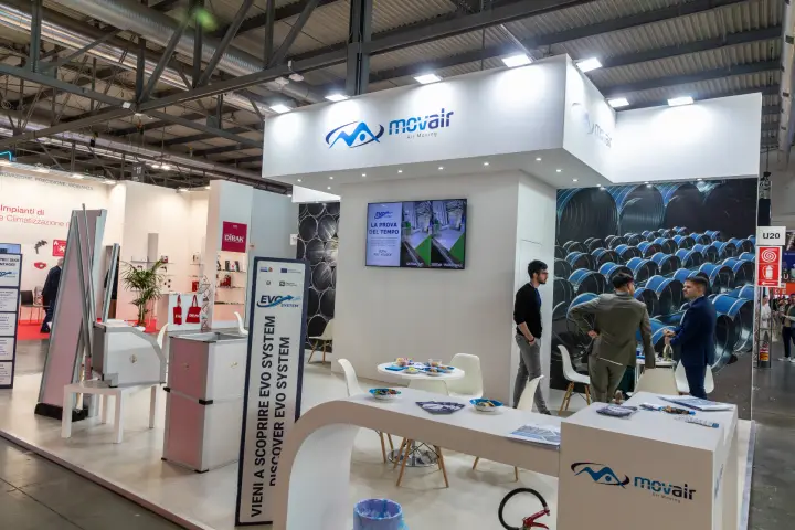 Movair stand with EVO System banner and spiral duct graphics at MCE 2026