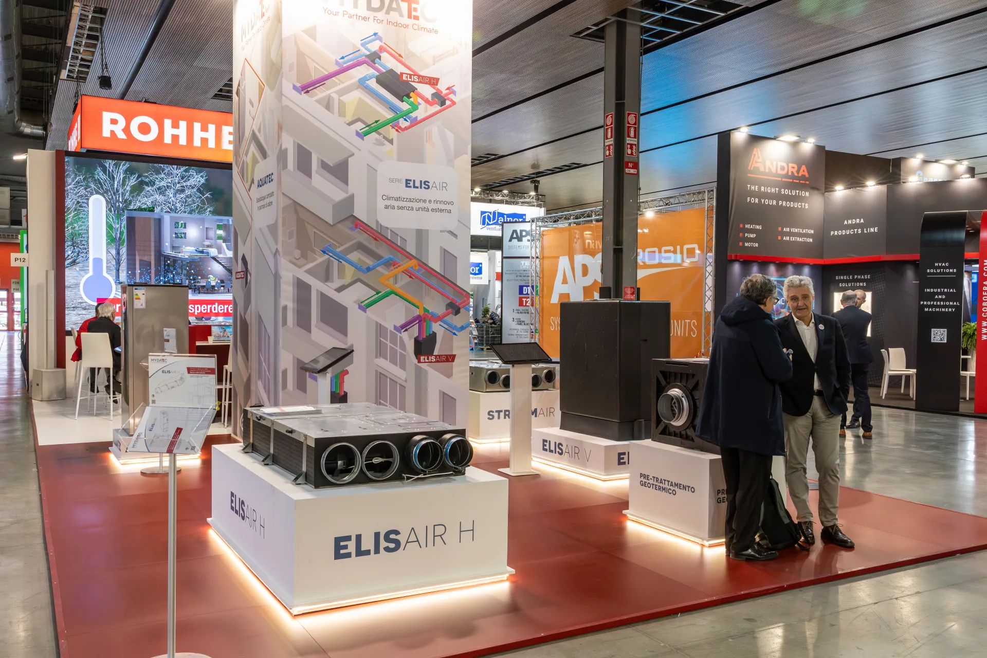 Mydatec stand with ElisAir and StreamAir units on a red floor at MCE 2026
