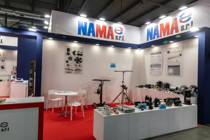 Nama Group stand with compressors, fans and cold room air curtain posters at MCE 2026