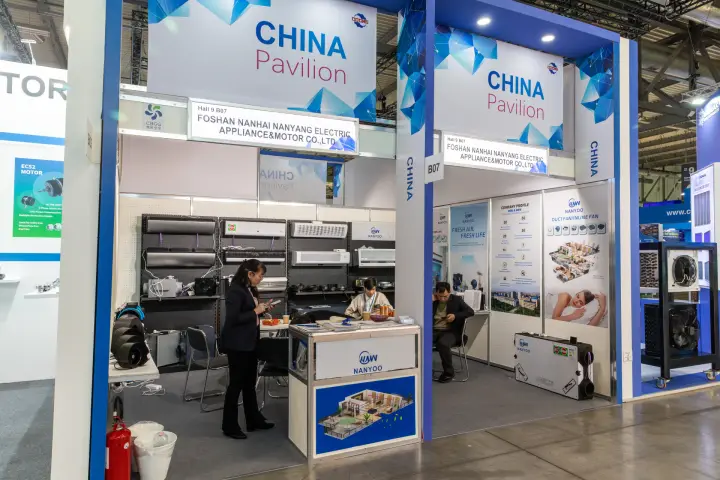 Nanyoo booth in the China Pavilion with air curtains and duct fans at MCE 2026