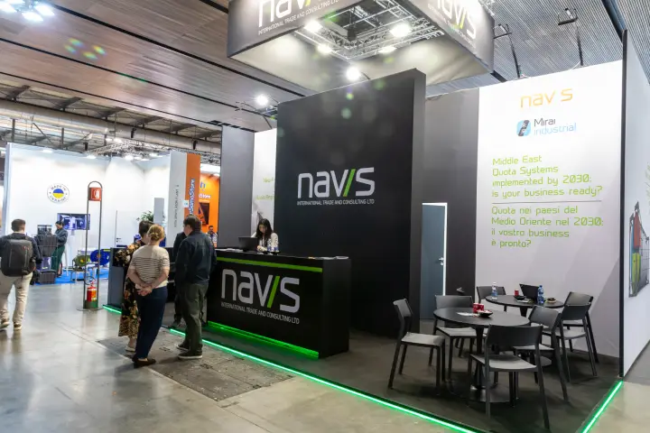 Navis stand with black reception desk and Middle East quota message at MCE 2026