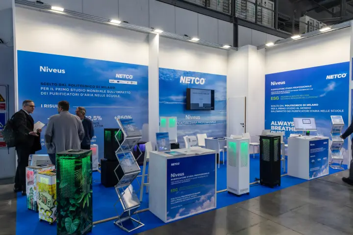 Netco stand presenting Niveus professional air purifiers at MCE 2026
