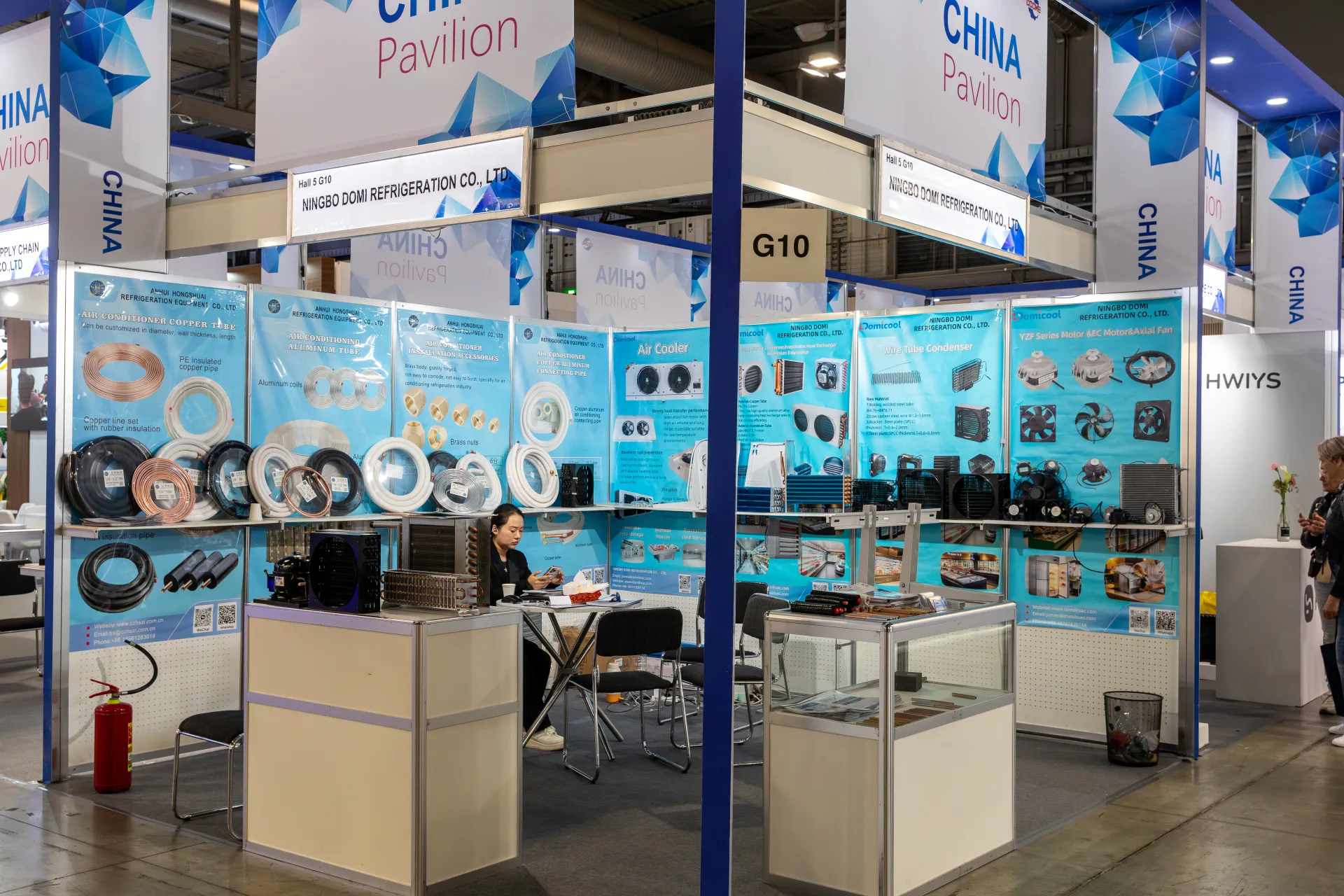 Ningbo Domi Refrigeration booth in the China Pavilion with copper tubes and fans at MCE 2026