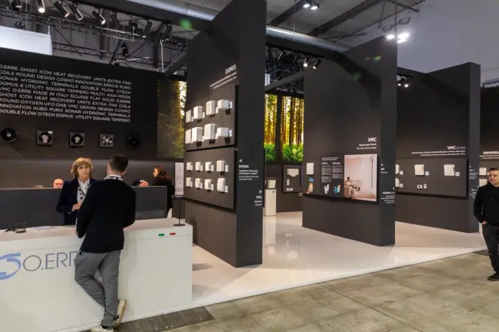 O.erre reception desk and DOMUS domestic fan display walls at MCE 2026