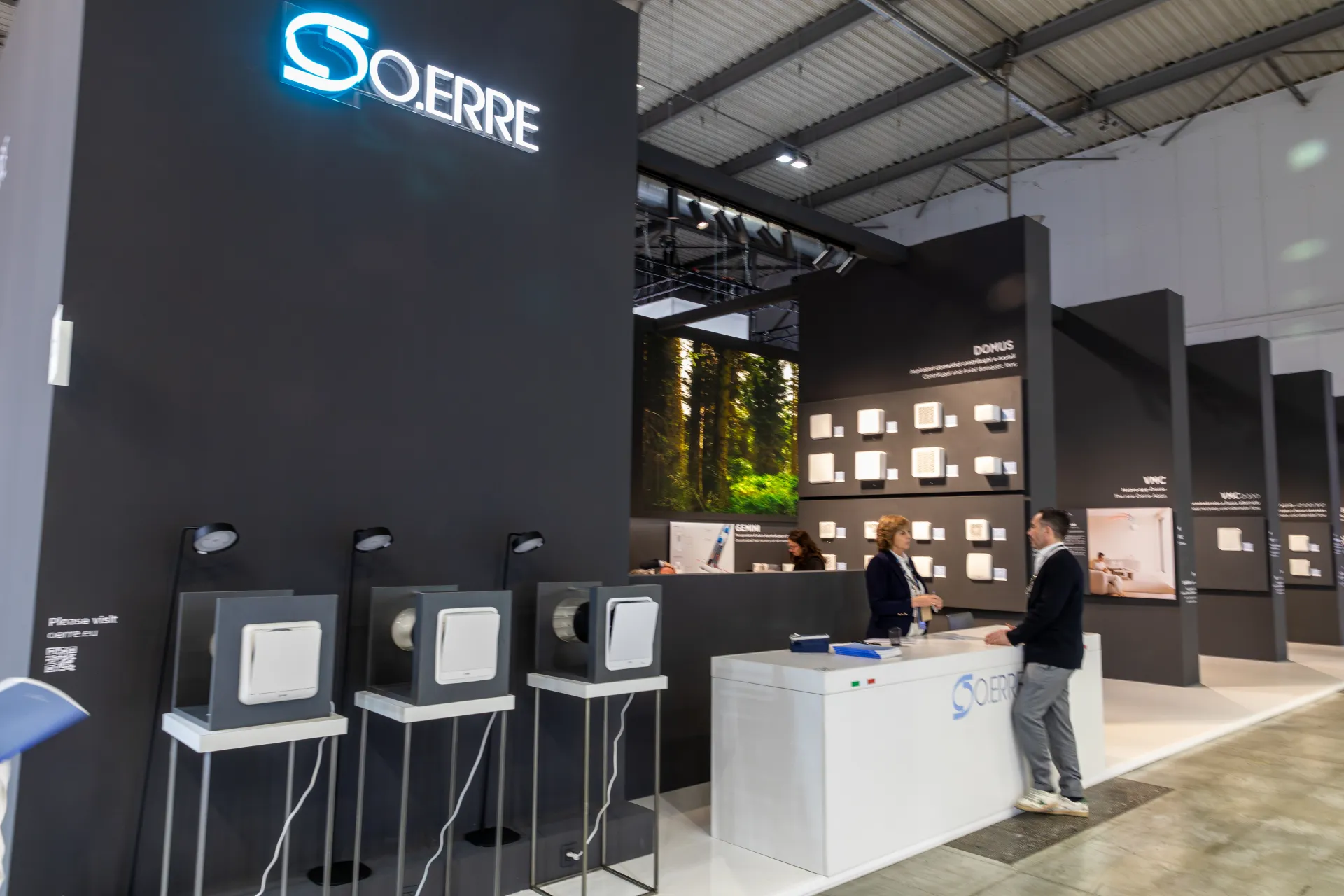 O.Erre stand with backlit logo and DOMUS domestic fan range at MCE 2026