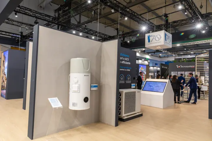 Olimpia Splendid heat pump water heater on a grey display wall at MCE 2026