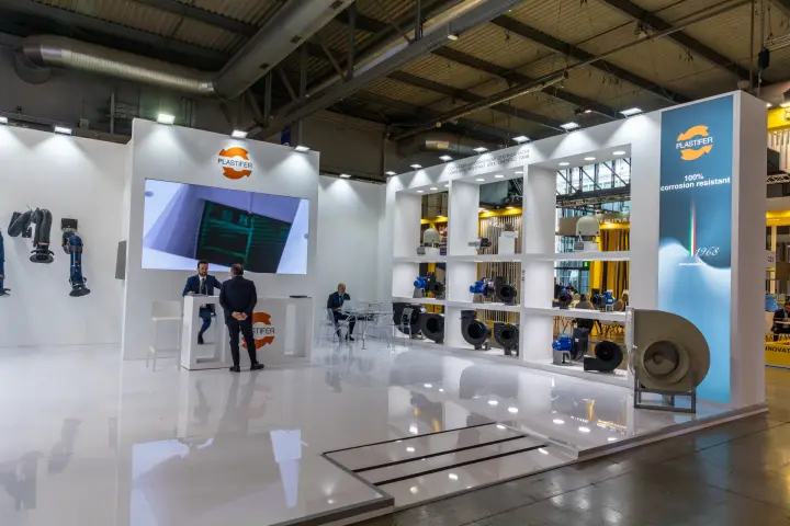 Open Plastifer stand with a "100% corrosion resistant" pillar and fan wall at MCE 2026