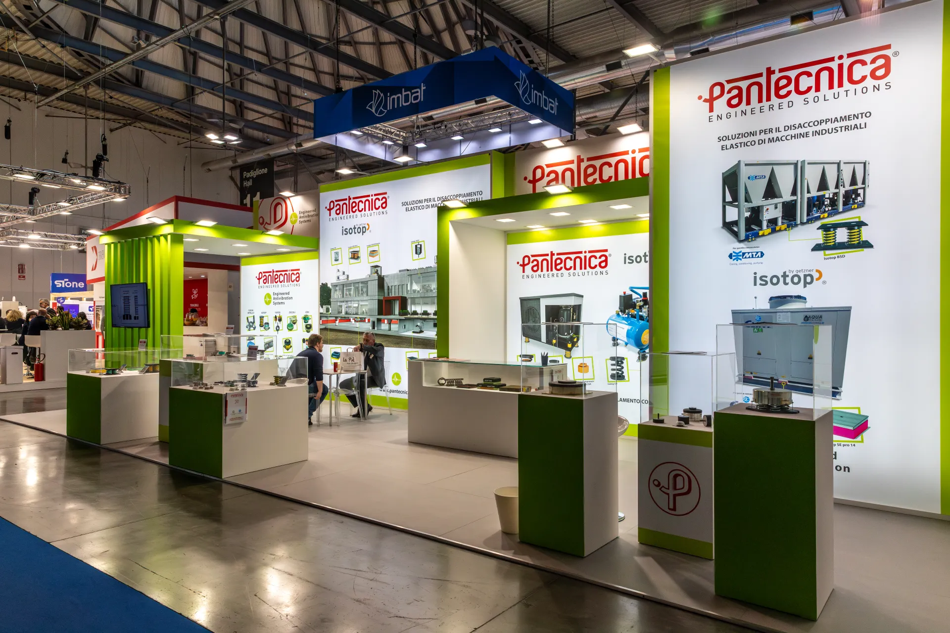Pantecnica stand with anti-vibration mounts in glass display cases at MCE 2026