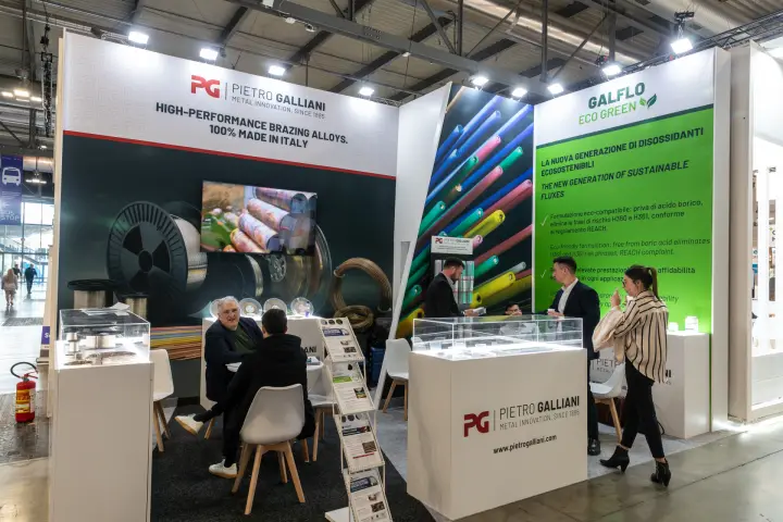 Pietro Galliani stand with brazing alloy spools and Galflo Eco Green flux at MCE 2026