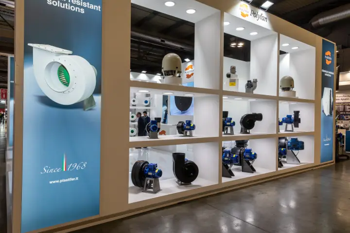 Plastifer display wall of plastic centrifugal fans and domed roof fans at MCE 2026