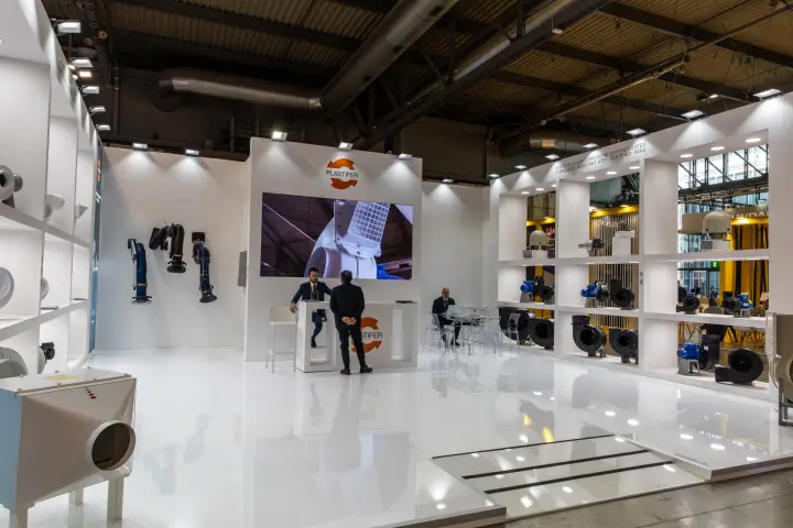 Plastifer stand interior with LED screen, extraction arms and ATEX fans at MCE 2026