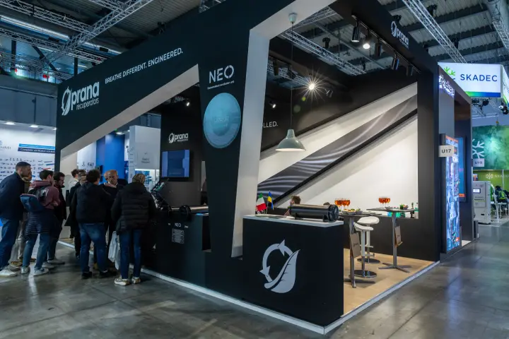 Prana recuperators stand featuring the NEO decentralized ventilation unit at MCE 2026