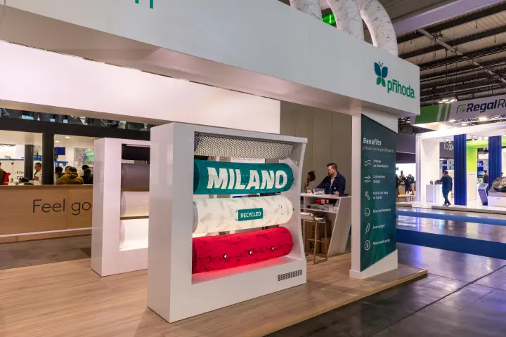 Příhoda fabric duct samples including MILANO and RECYCLED designs at MCE 2026