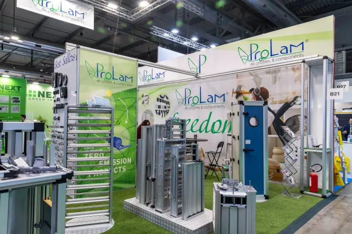 ProLam stand with aluminium louvre dampers and AHU profile samples at MCE 2026