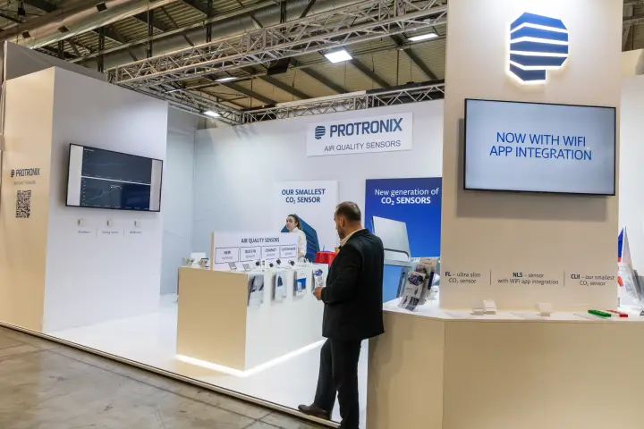 Protronix air quality sensor stand with WiFi app integration screen at MCE 2026