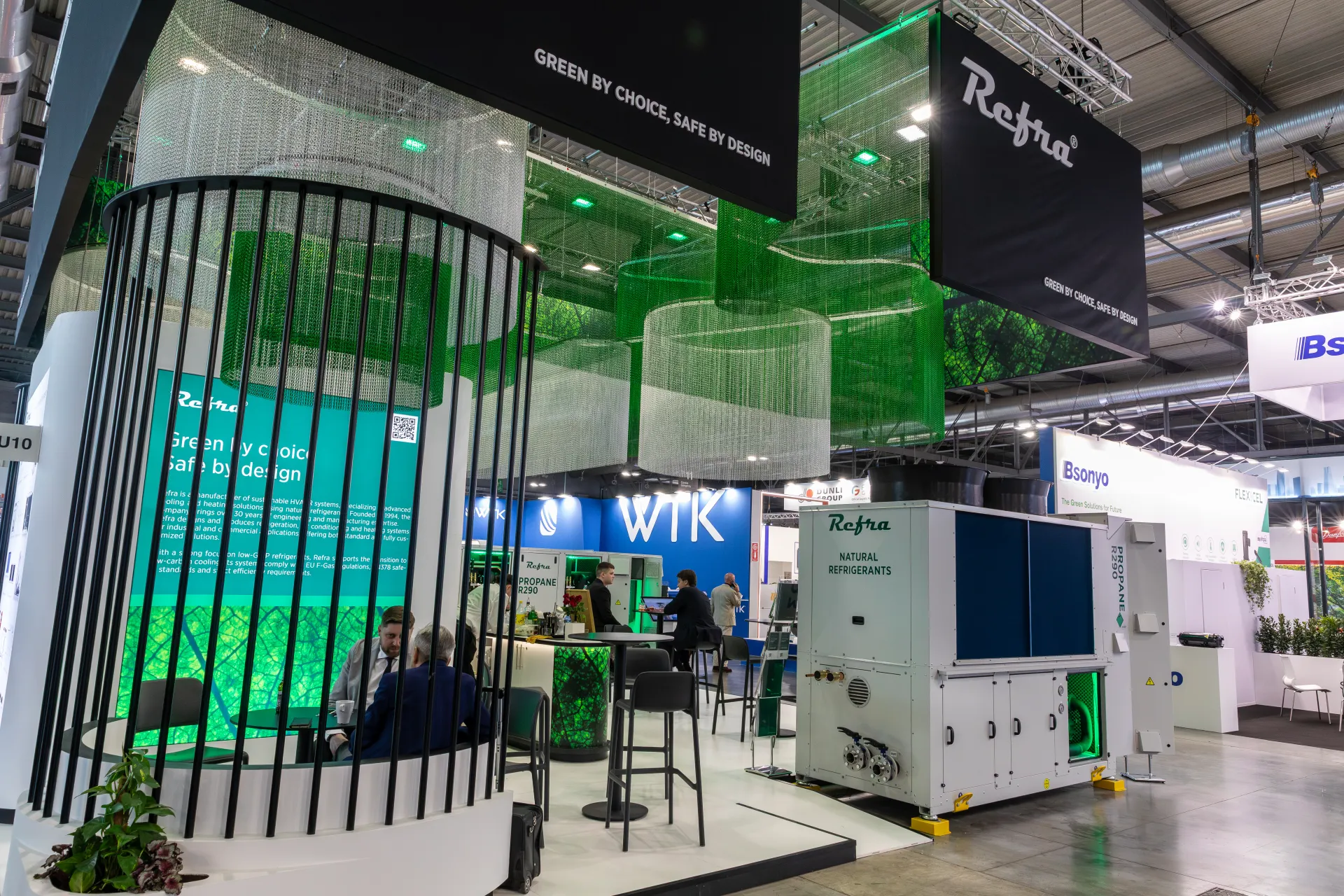 Refra meeting area under green mesh with R290 natural refrigerant unit at MCE 2026