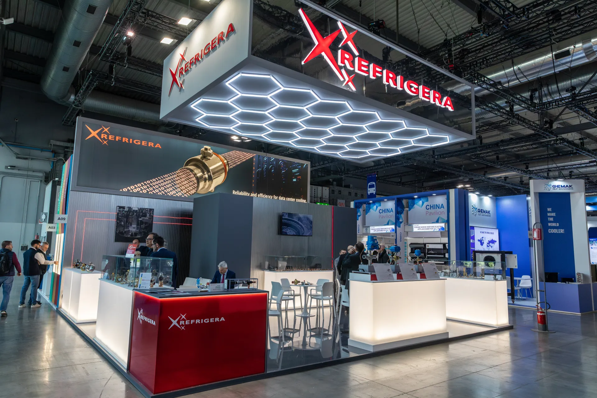 Refrigera stand with illuminated hexagon canopy and valve showcases at MCE 2026