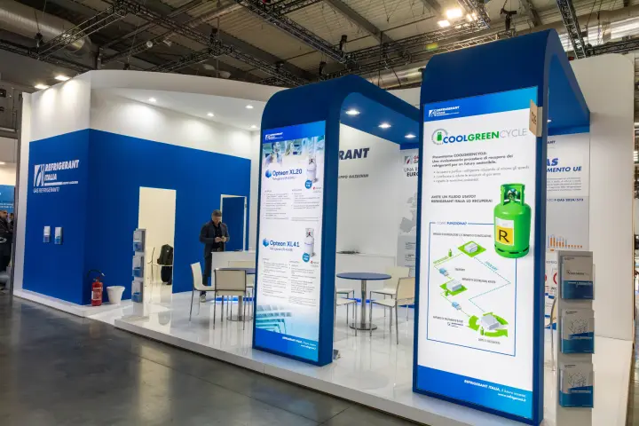 Refrigerant Italia stand with Opteon refrigerants and COOLGREENCYCLE panel at MCE 2026