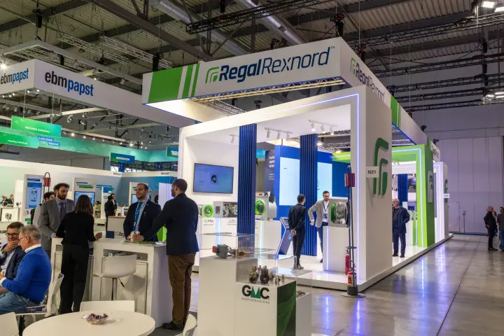 Regal Rexnord stand entrance with COPRA fans and a GMC valve showcase at MCE 2026
