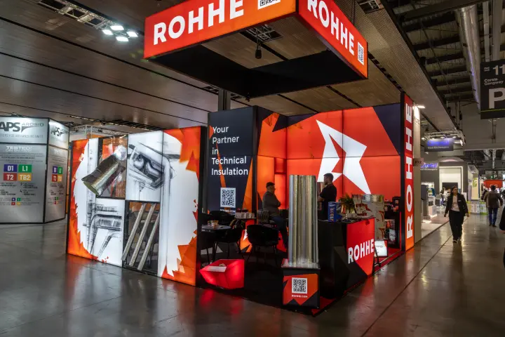 Rohhe backlit stand promoting technical insulation for ducts and pipes at MCE 2026