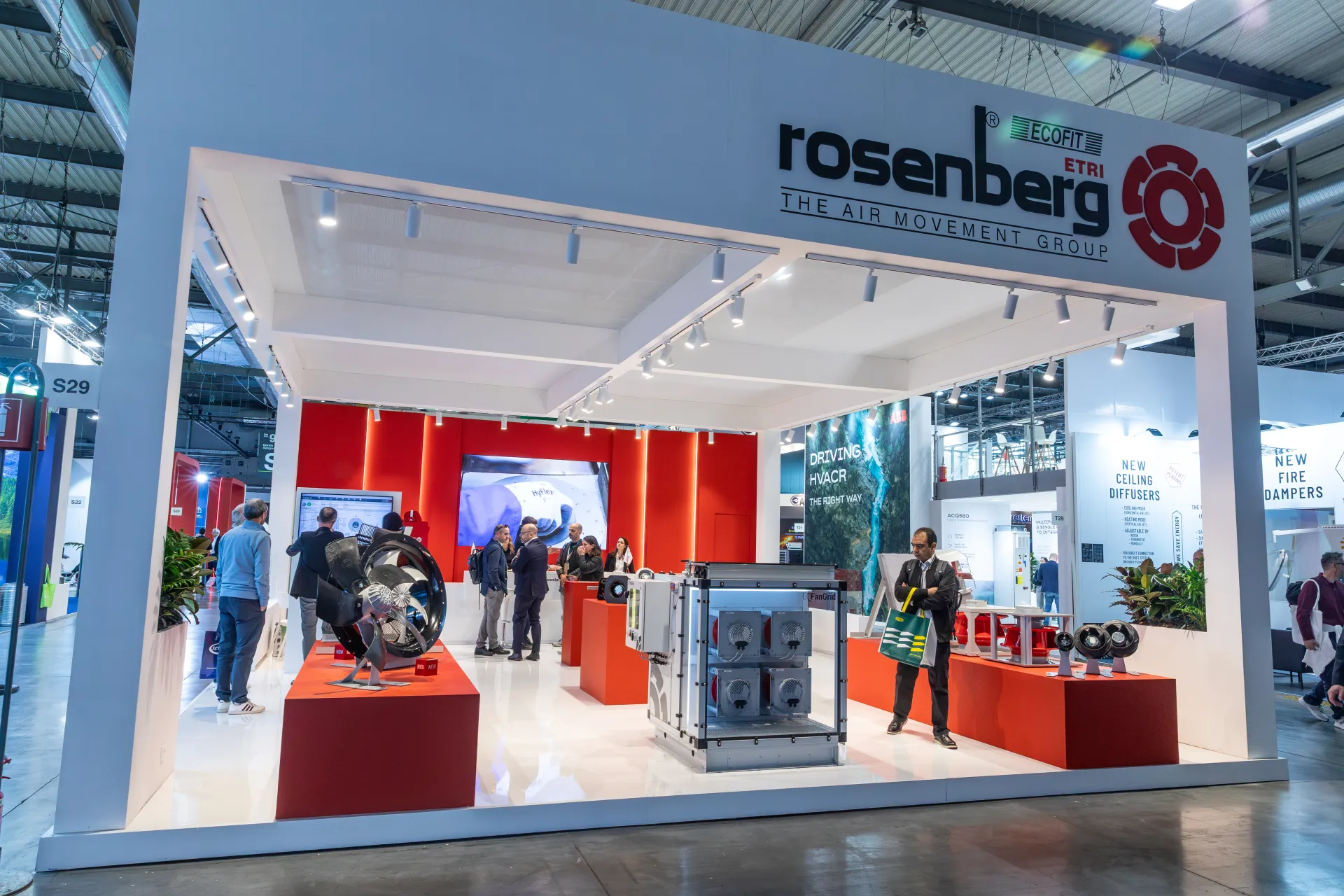 Rosenberg stand framed in white with a FanGrid array and fans on red plinths at MCE 2026