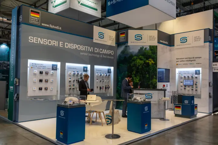 S+S Regeltechnik stand with sensor walls and Made in Germany labels at MCE 2026