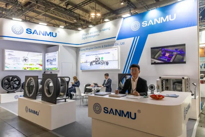 Sanmu stand with EC plug fans and axial fans on white plinths at MCE 2026