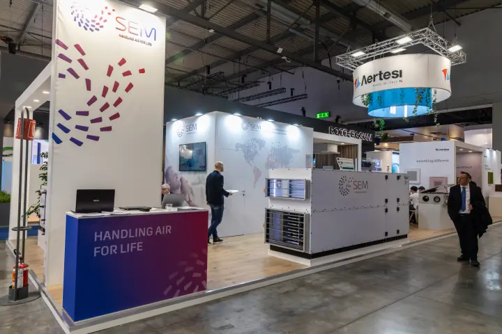 SEM stand with air handling unit, Aertesi and Roccheggiani stands behind at MCE 2026