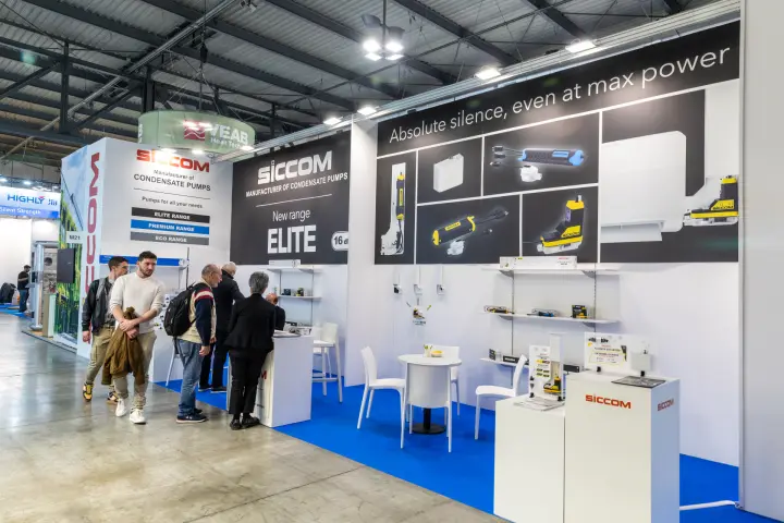 Siccom stand presenting the new Elite range of condensate pumps at MCE 2026
