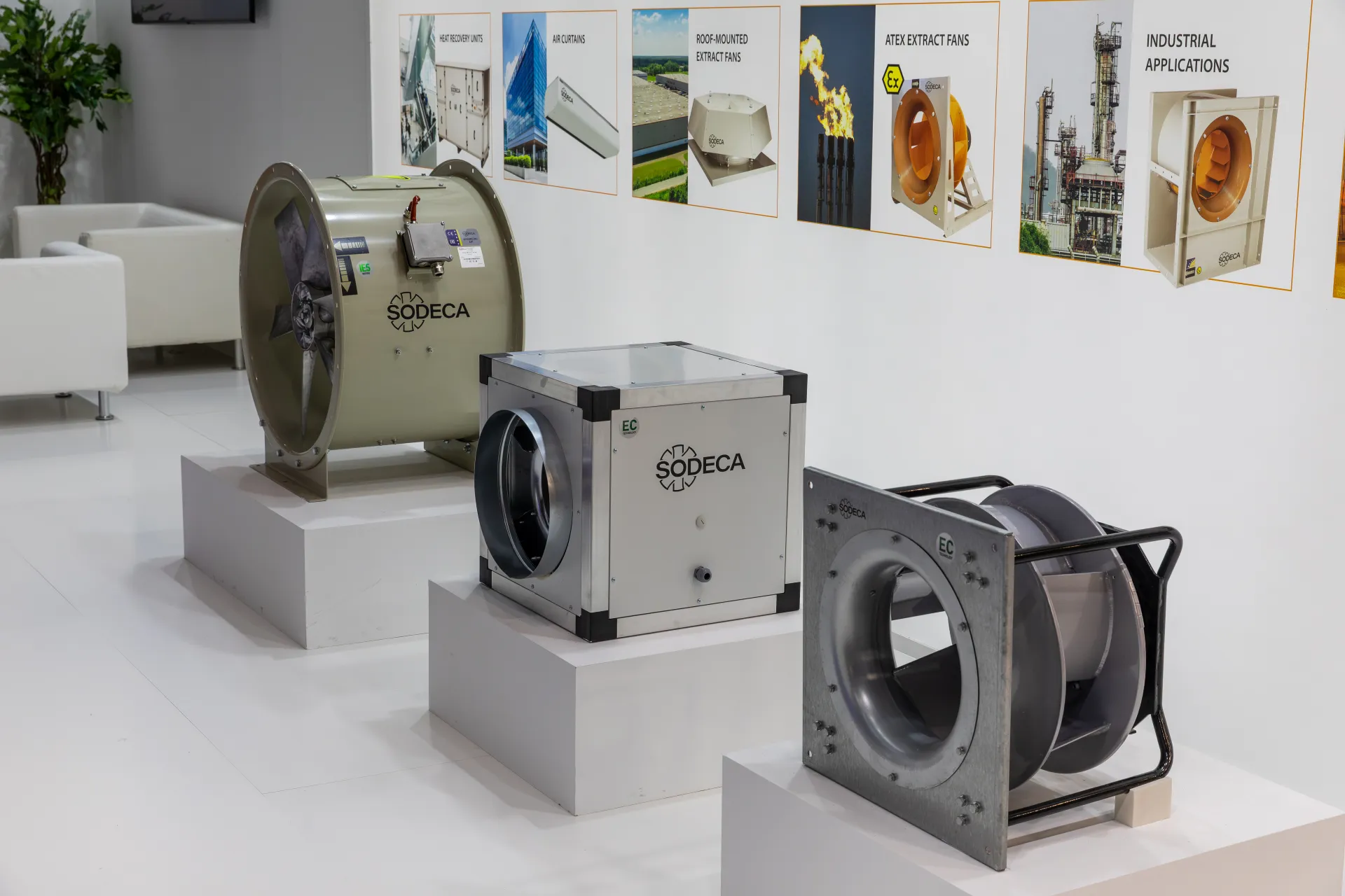 Sodeca axial, EC box and plug fans on white plinths at MCE 2026