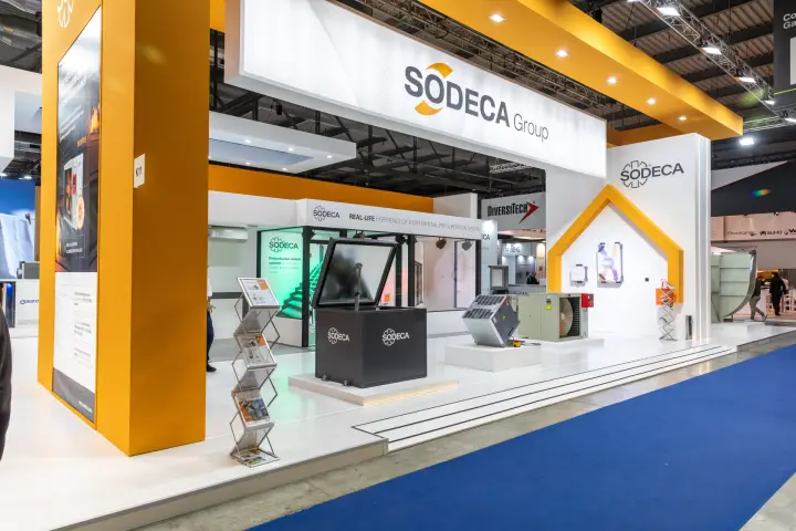Sodeca Group stand with pressurisation demo room and fan units at MCE 2026