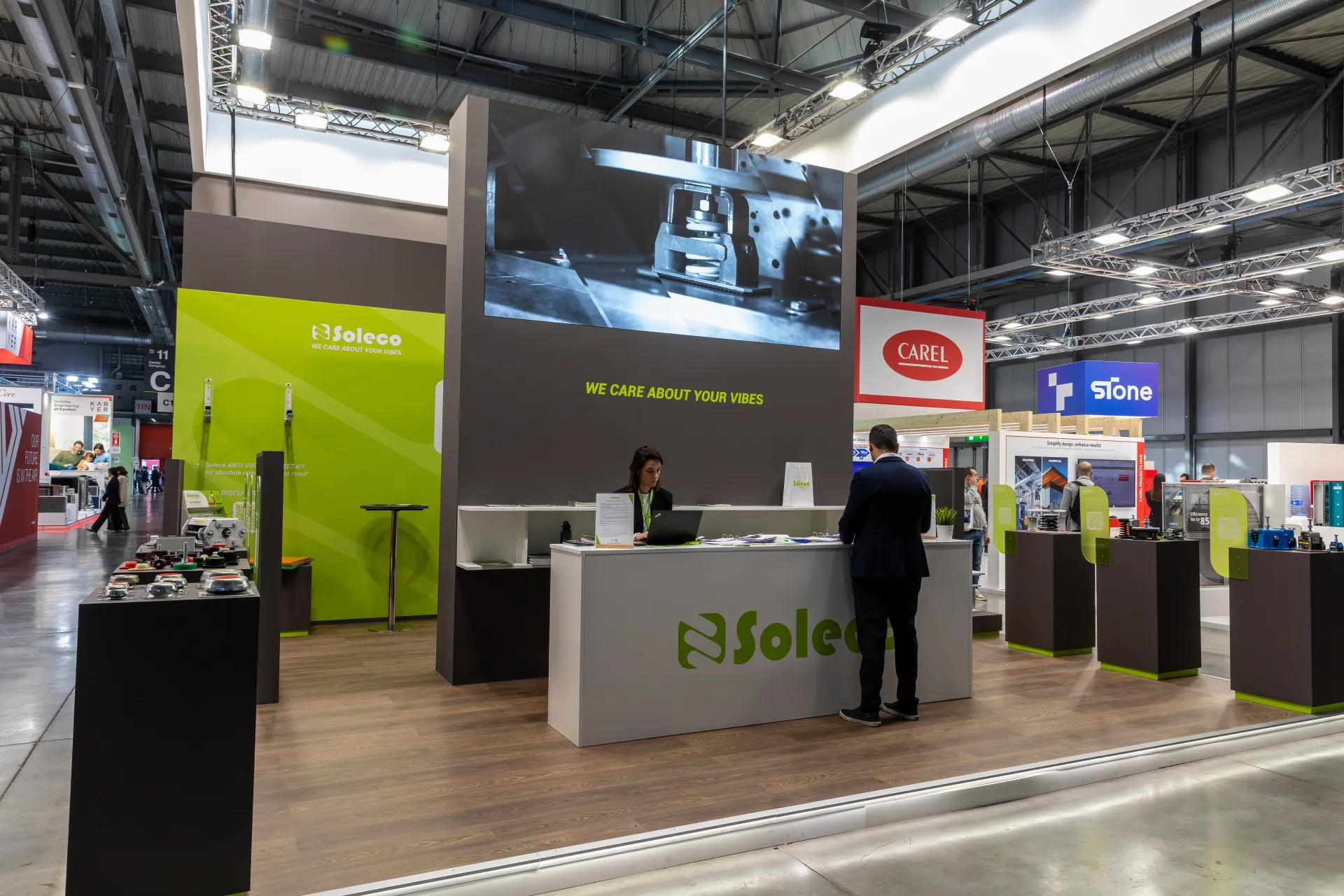 Soleco stand with anti-vibration mounts and 'We Care About Your Vibes' slogan at MCE 2026