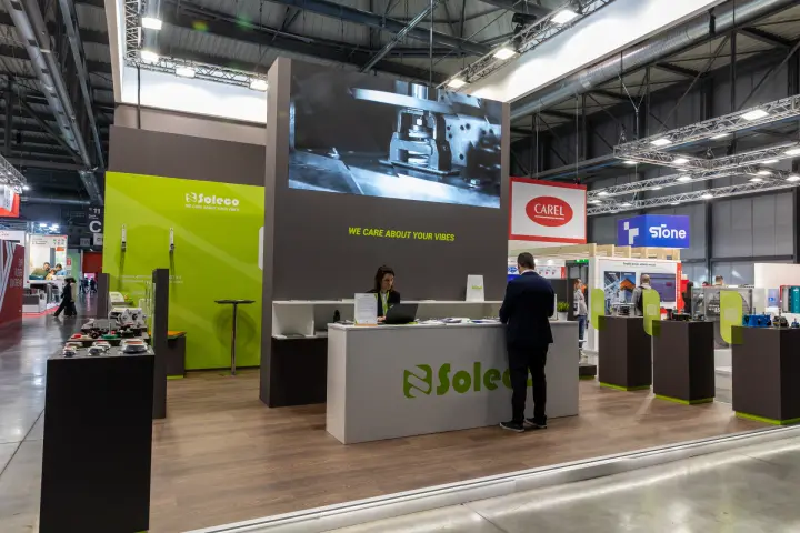 Soleco stand with anti-vibration mounts and 'We Care About Your Vibes' slogan at MCE 2026