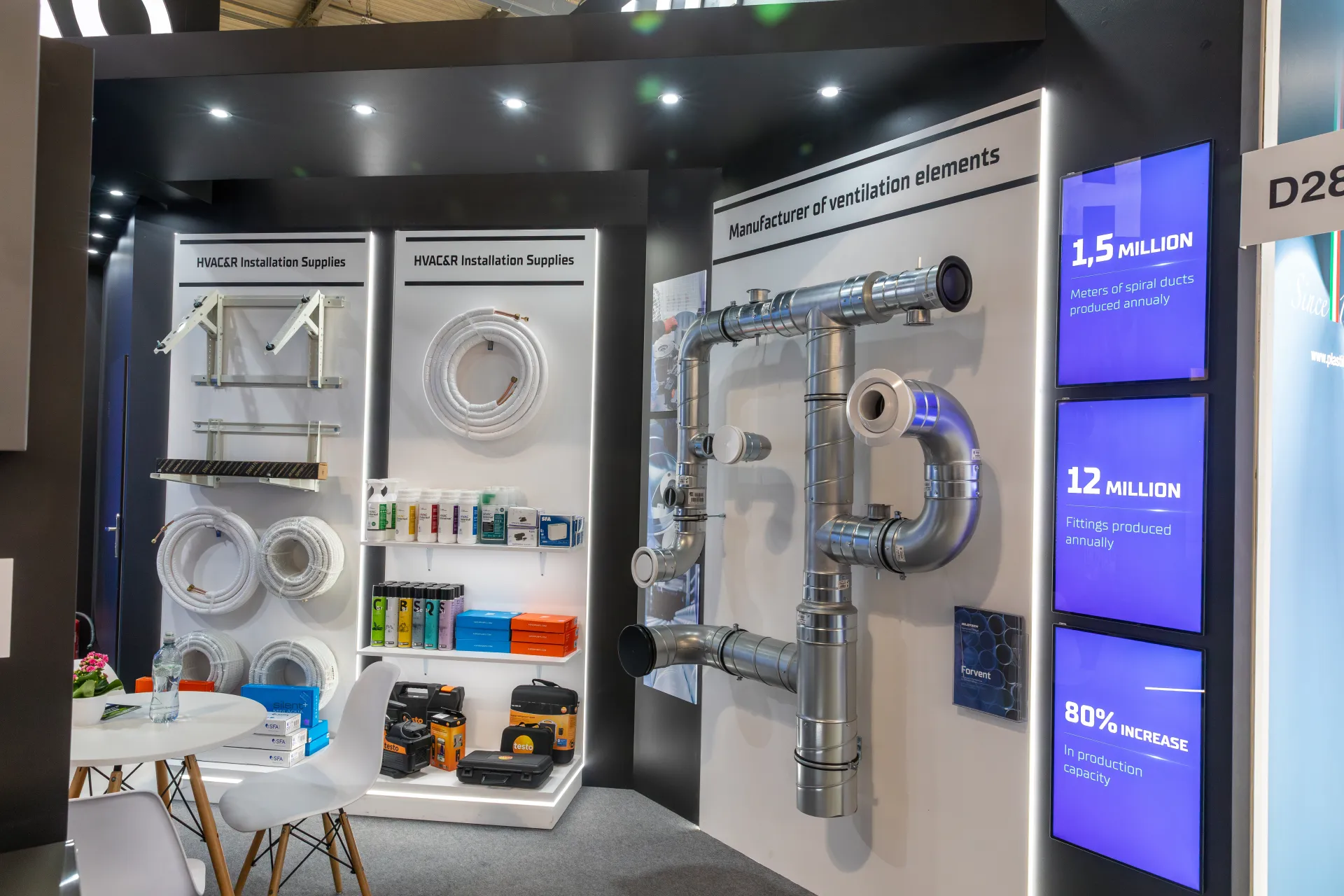 Stand D28 display of spiral ducts, fittings and HVAC&R installation supplies at MCE 2026