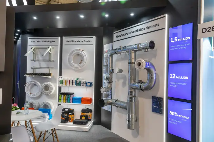 Stand D28 display of spiral ducts, fittings and HVAC&R installation supplies at MCE 2026