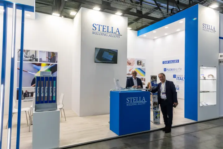 Stella Welding Alloys stand with brazing rod display and 'Our values' wall at MCE 2026