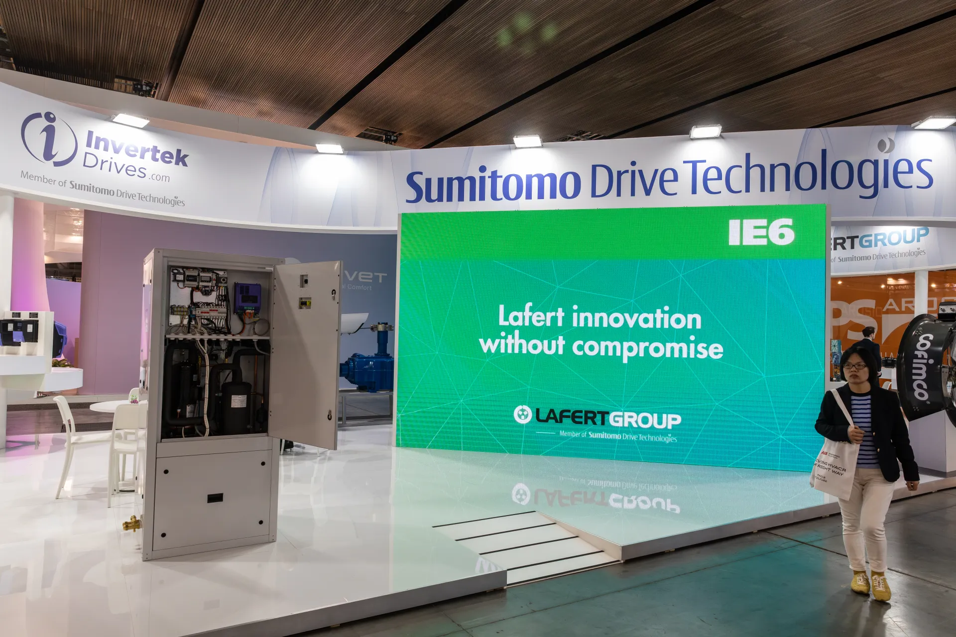 Sumitomo stand with open unit cabinet and Lafert IE6 LED wall at MCE 2026