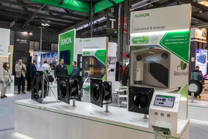 Sunon Industrial & Energy display with EC fans and battery storage graphic at MCE 2026