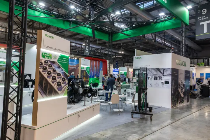 Sunon stand corner with Commercial Air Conditioning panel and HVLS fan at MCE 2026