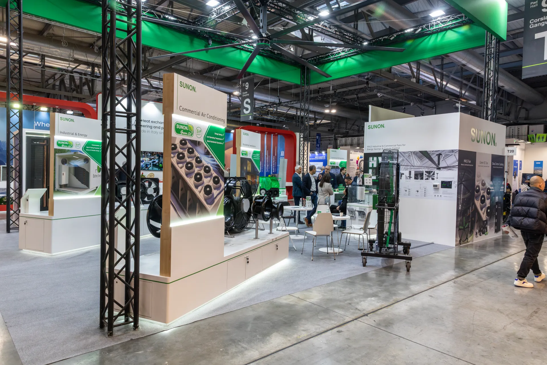 Sunon stand under a green truss frame with a large ceiling fan at MCE 2026